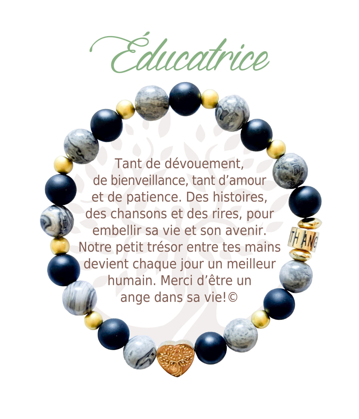 Bracelet en pierres naturelles Éducatrice, gris et doré, avec breloque cœur et carte à message en français