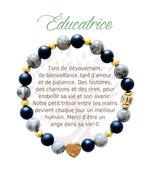 Bracelet en pierres naturelles Éducatrice, gris et doré, avec breloque cœur et carte à message en français