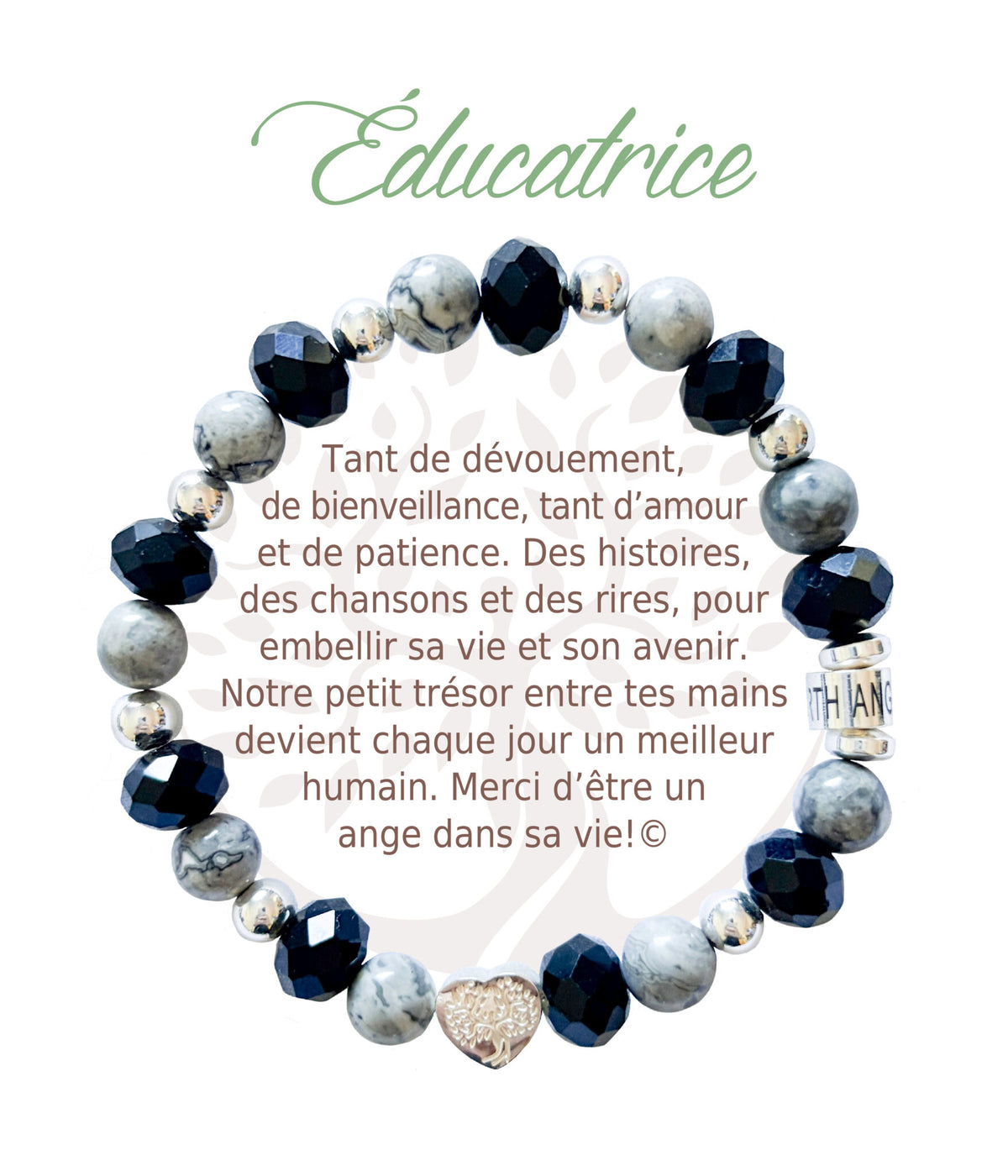 Bracelet en pierres naturelles Éducatrice, noir et argenté, avec breloque cœur et carte à message en français