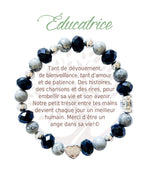 Bracelet en pierres naturelles Éducatrice, noir et argenté, avec breloque cœur et carte à message en français