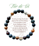 Bracelet en pierres naturelles Fier de toi, brun et argenté, avec breloque cœur et carte à message en français