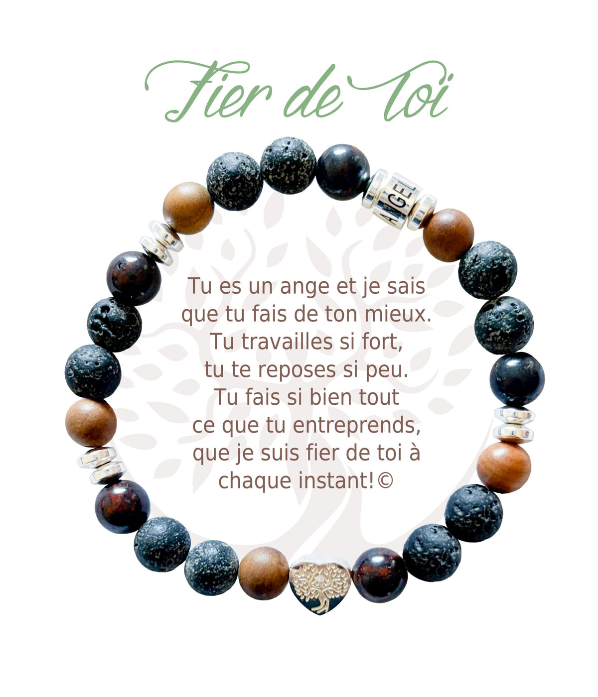 Bracelet en pierres naturelles Fier de toi, brun et argenté, avec breloque cœur et carte à message en français
