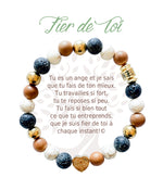 Bracelet en pierres naturelles Fier de toi, brun et doré, avec breloque cœur et carte à message en français