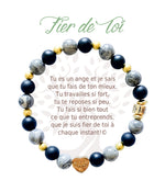 Bracelet en pierres naturelles Fier de toi, gris et doré, avec breloque cœur et carte à message en français