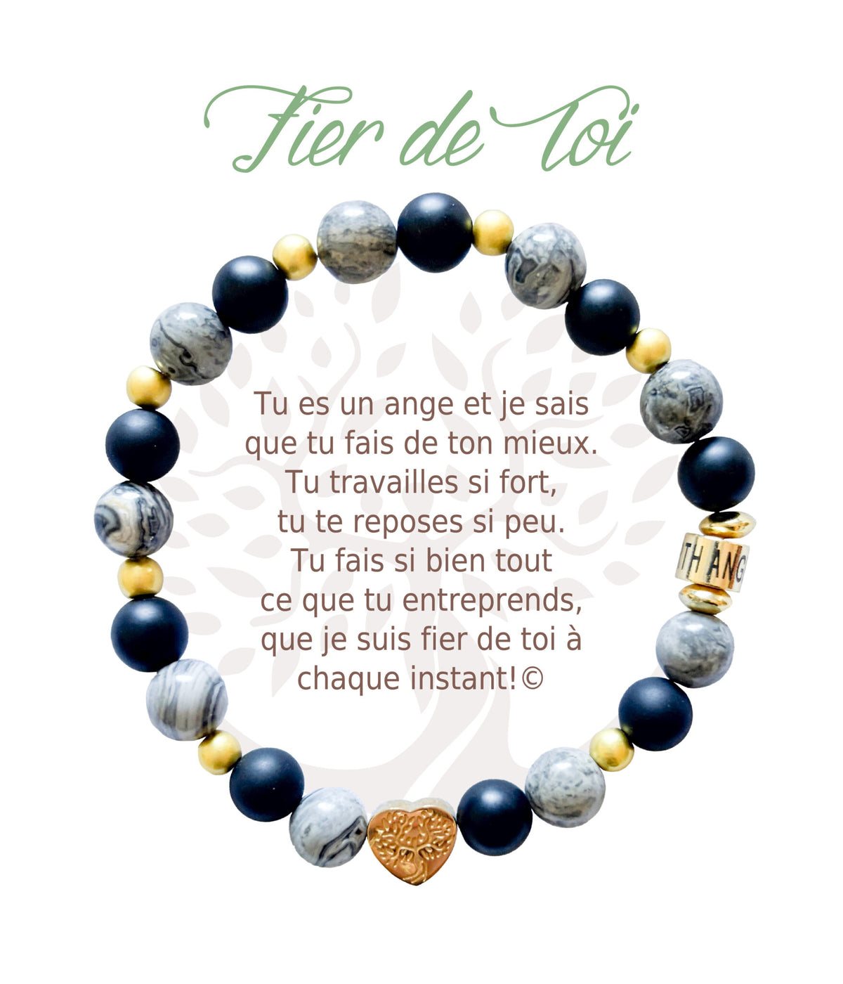 Bracelet en pierres naturelles Fier de toi, gris et doré, avec breloque cœur et carte à message en français