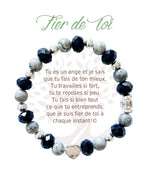 Bracelet en pierres naturelles Fier de toi, noir et argenté, avec breloque cœur et carte à message en français