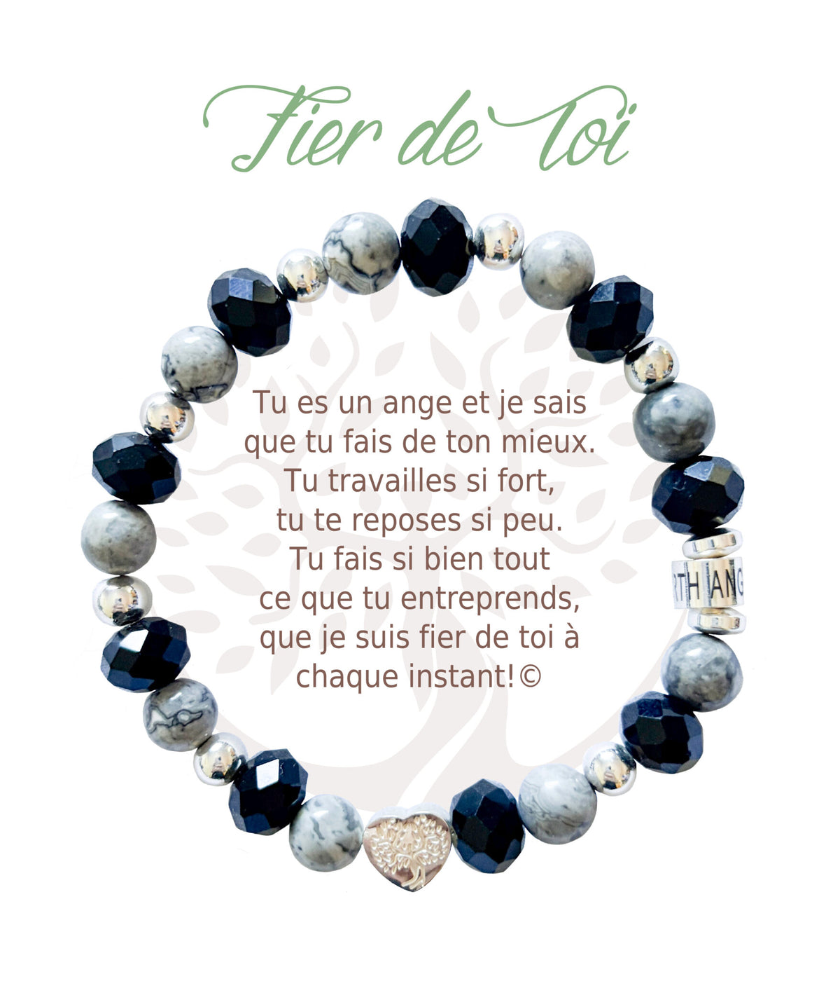 Bracelet en pierres naturelles Fier de toi, noir et argenté, avec breloque cœur et carte à message en français