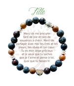 Bracelet en pierres naturelles Fille, brun et argenté, avec breloque cœur et carte à message en français