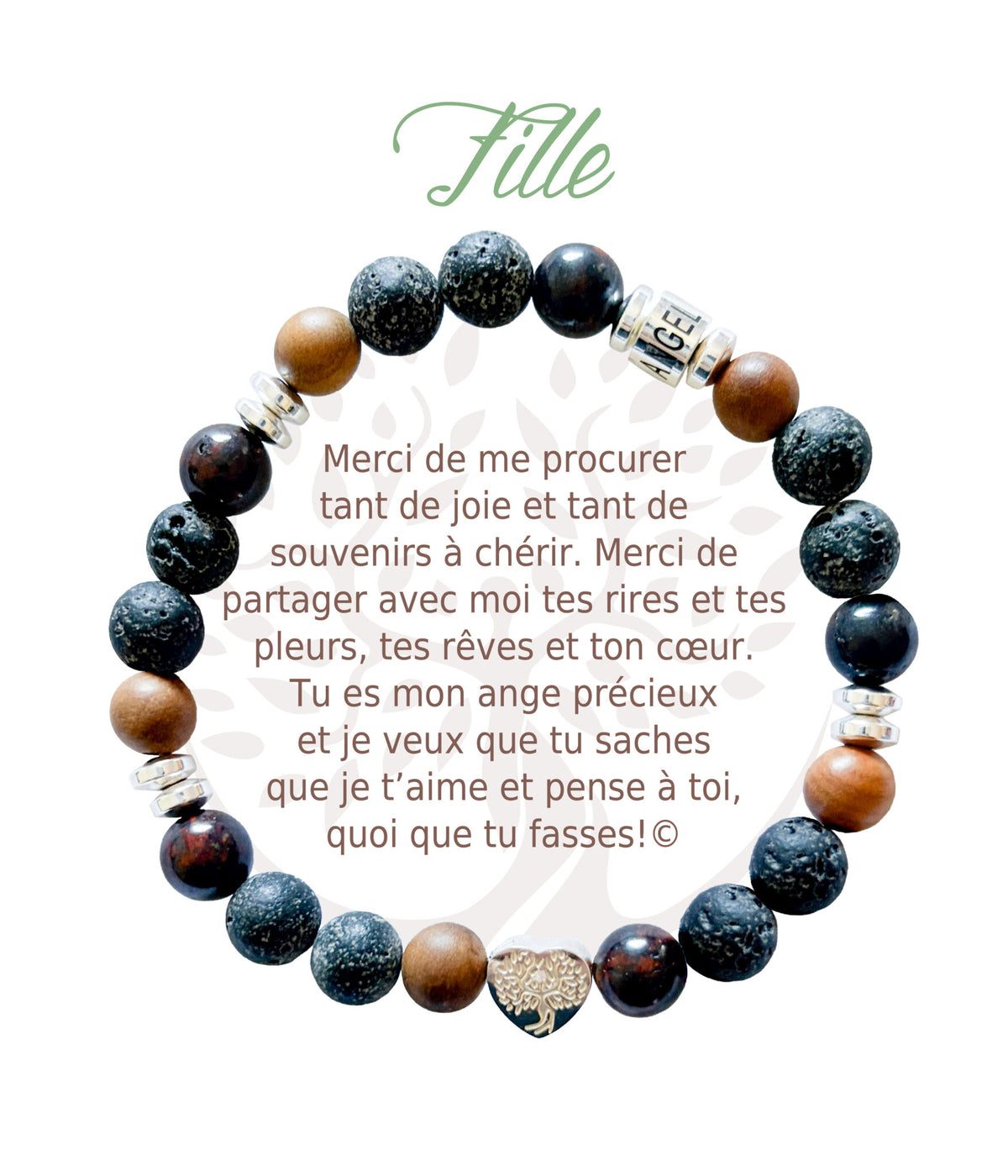 Bracelet en pierres naturelles Fille, brun et argenté, avec breloque cœur et carte à message en français