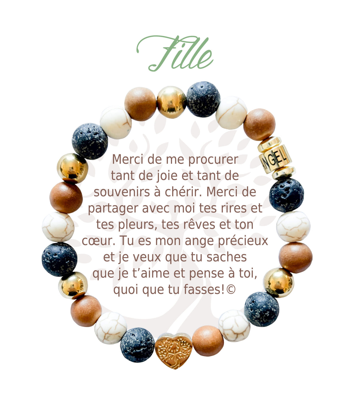 Bracelet en pierres naturelles Fille, brun et doré, avec breloque cœur et carte à message en français