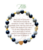 Bracelet en pierres naturelles Fille, gris et doré, avec breloque cœur et carte à message en français