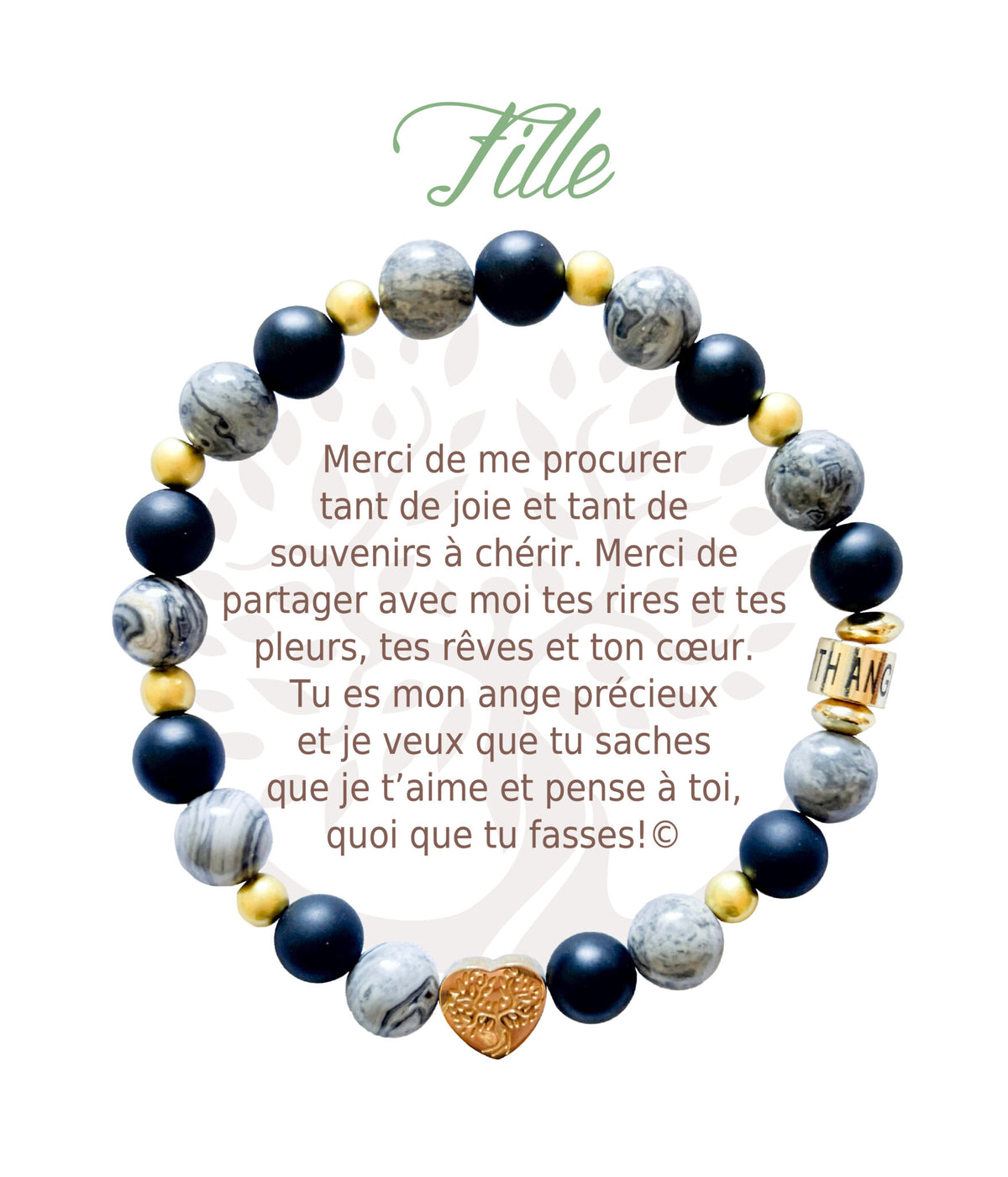 Bracelet en pierres naturelles Fille, gris et doré, avec breloque cœur et carte à message en français