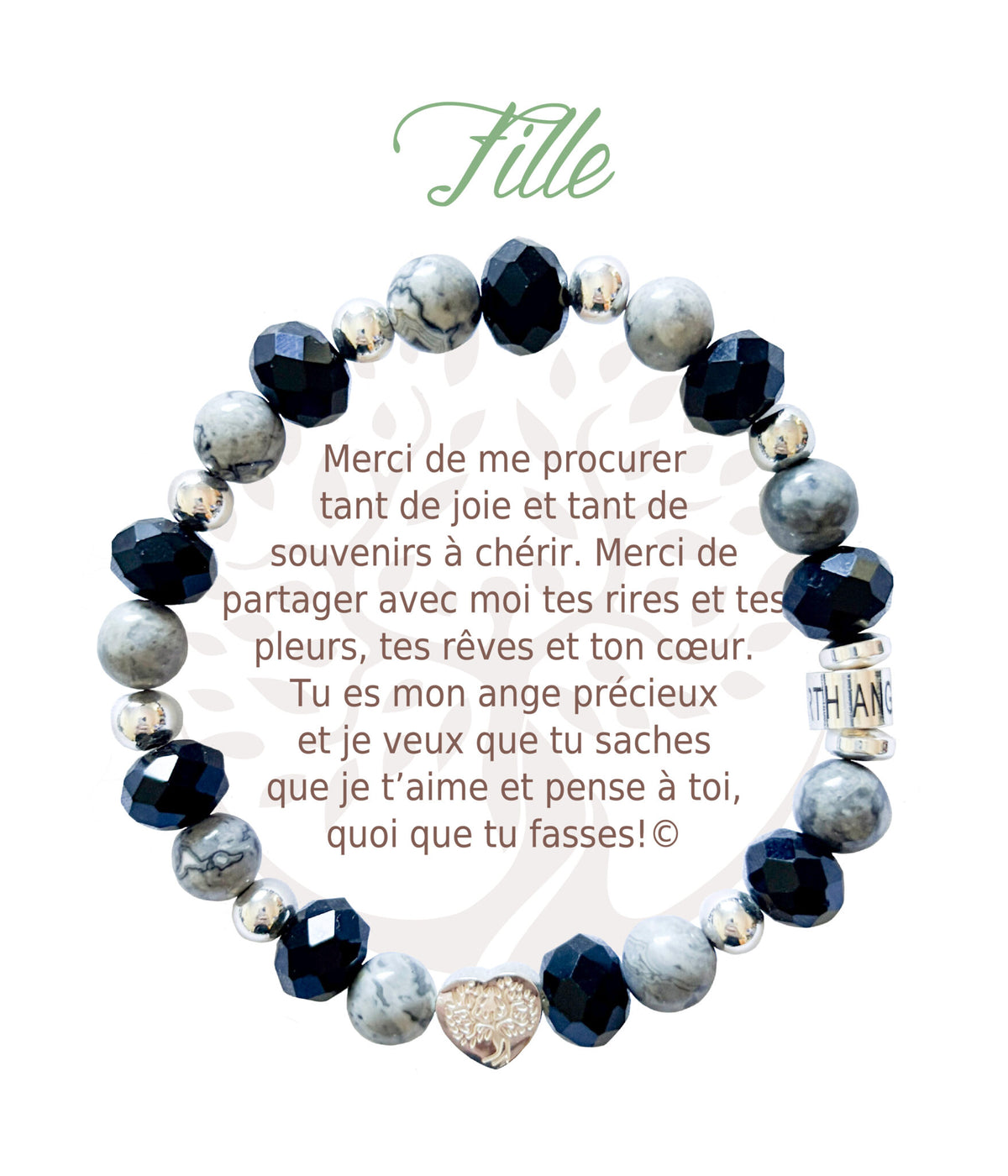 Bracelet en pierres naturelles Fille, noir et argenté, avec breloque cœur et carte à message en français