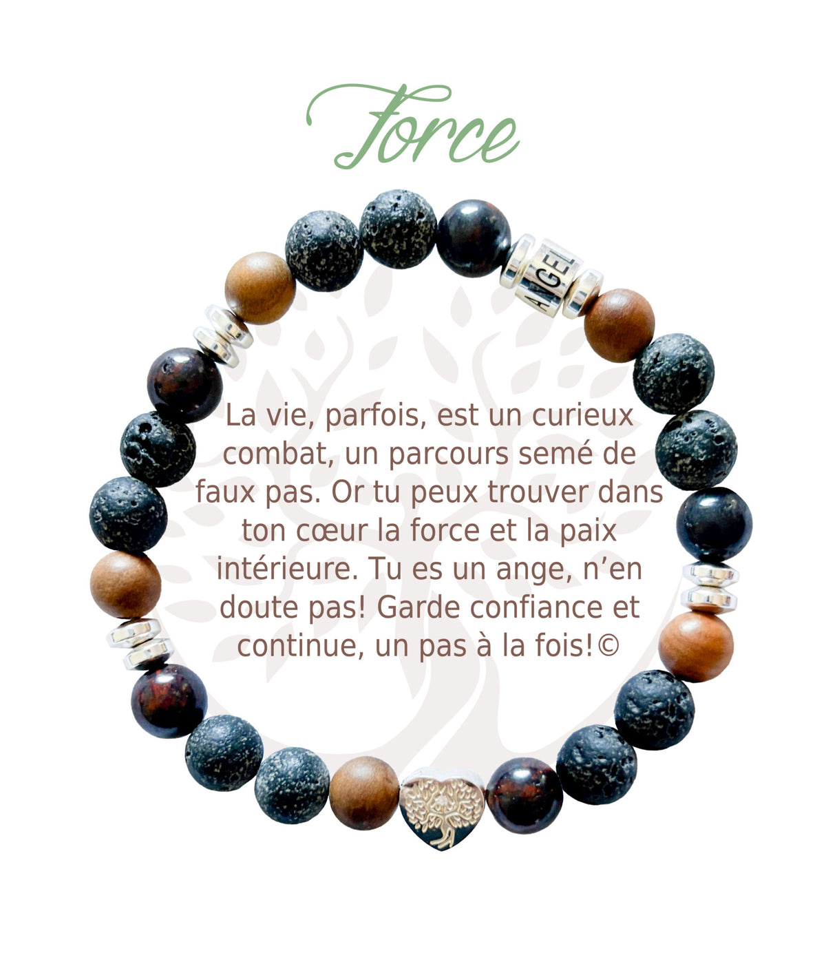 Bracelet en pierres naturelles Force, brun et argenté, avec breloque cœur et carte à message en français