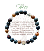 Bracelet en pierres naturelles Force, brun et argenté, avec breloque cœur et carte à message en français