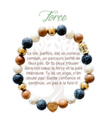 Bracelet en pierres naturelles Force, brun et doré, avec breloque cœur et carte à message en français