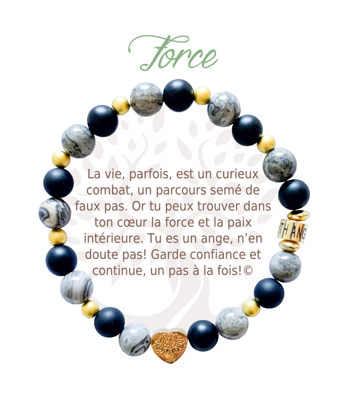 Bracelet en pierres naturelles Force, gris et doré, avec breloque cœur et carte à message en français