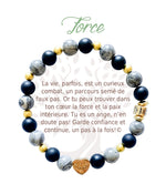 Bracelet en pierres naturelles Force, gris et doré, avec breloque cœur et carte à message en français