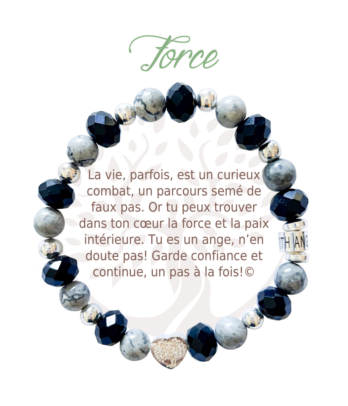 Bracelet en pierres naturelles Force, noir et argenté, avec breloque cœur et carte à message en français