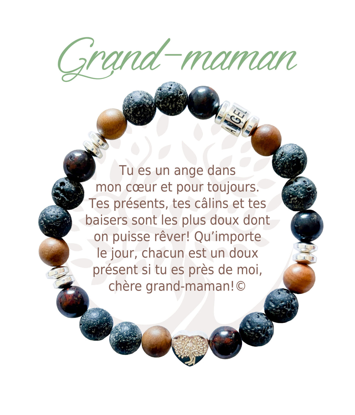 Bracelet en pierres naturelles Grand-maman, brun et argenté, avec breloque cœur et carte à message en français