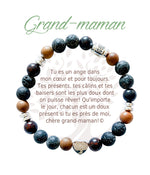 Bracelet en pierres naturelles Grand-maman, brun et argenté, avec breloque cœur et carte à message en français