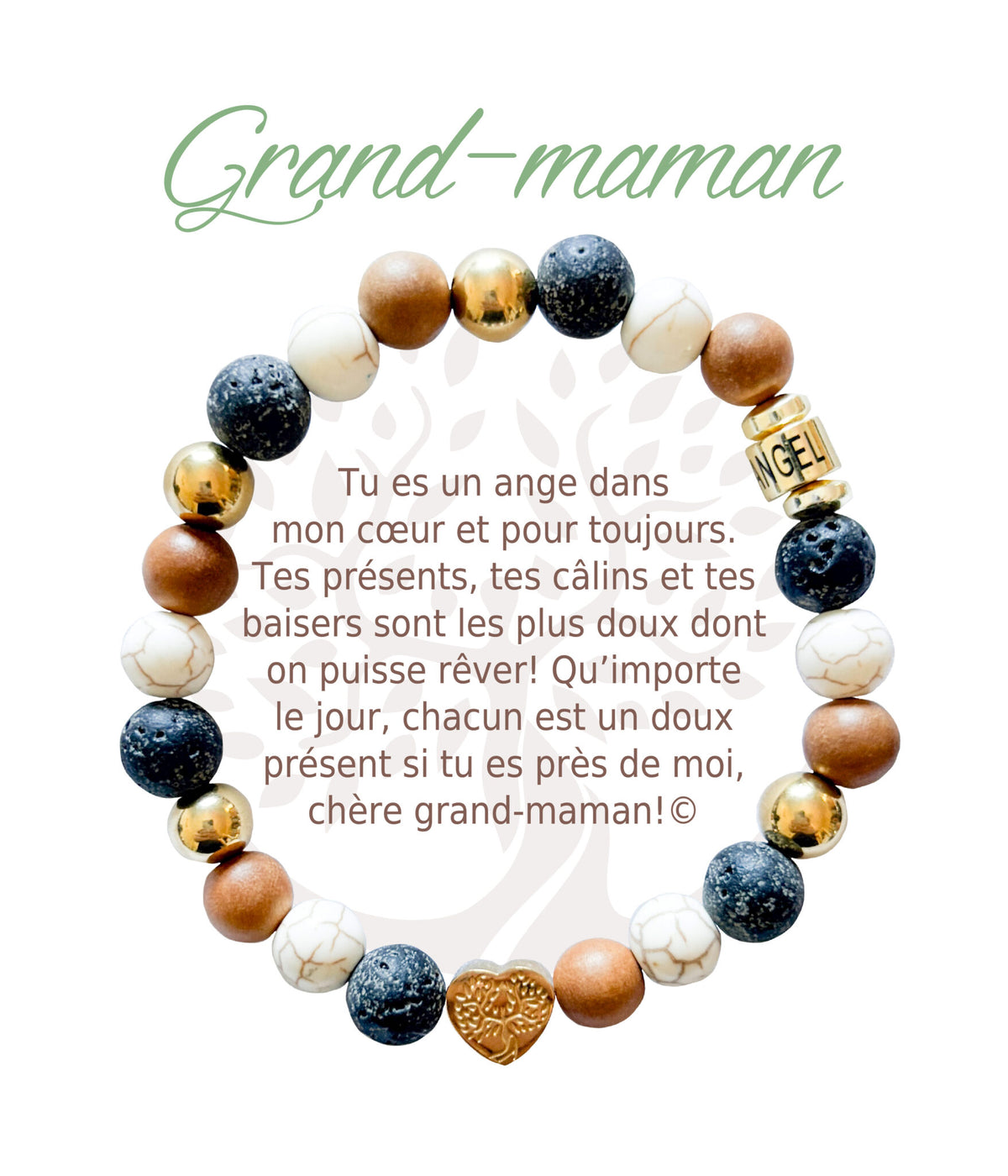 Bracelet en pierres naturelles Grand-maman, brun et doré, avec breloque cœur et carte à message en français