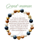 Bracelet en pierres naturelles Grand-maman, brun et doré, avec breloque cœur et carte à message en français