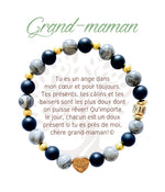 Bracelet en pierres naturelles Grand-maman, gris et doré, avec breloque cœur et carte à message en français