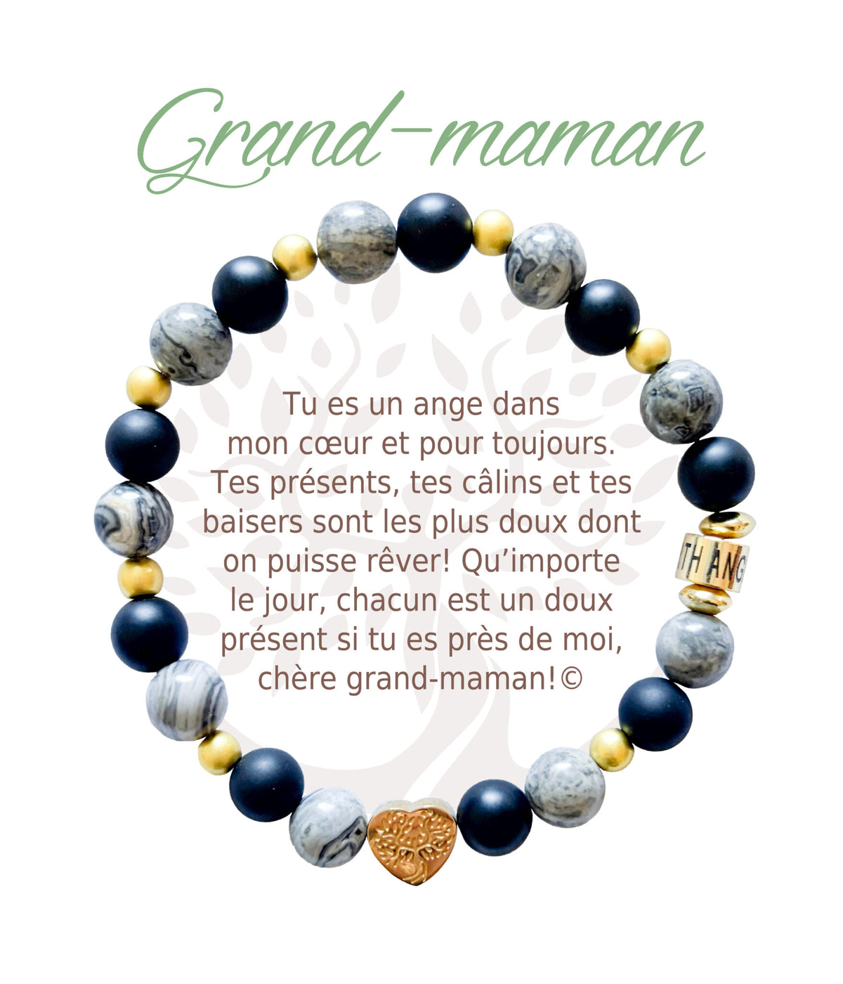 Bracelet en pierres naturelles Grand-maman, gris et doré, avec breloque cœur et carte à message en français