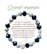 Bracelet en pierres naturelles Grand-maman, noir et argenté, avec breloque cœur et carte à message en français