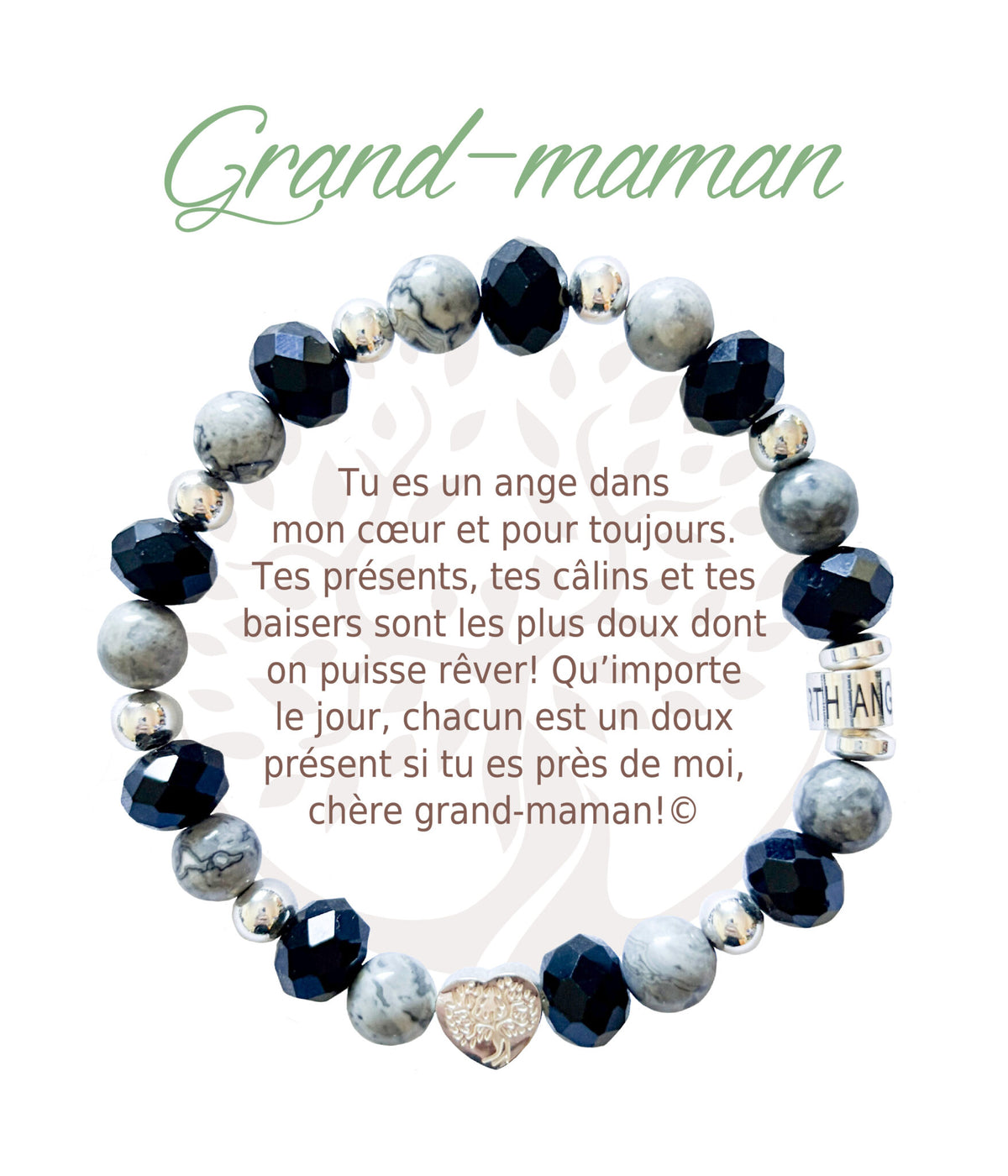 Bracelet en pierres naturelles Grand-maman, noir et argenté, avec breloque cœur et carte à message en français