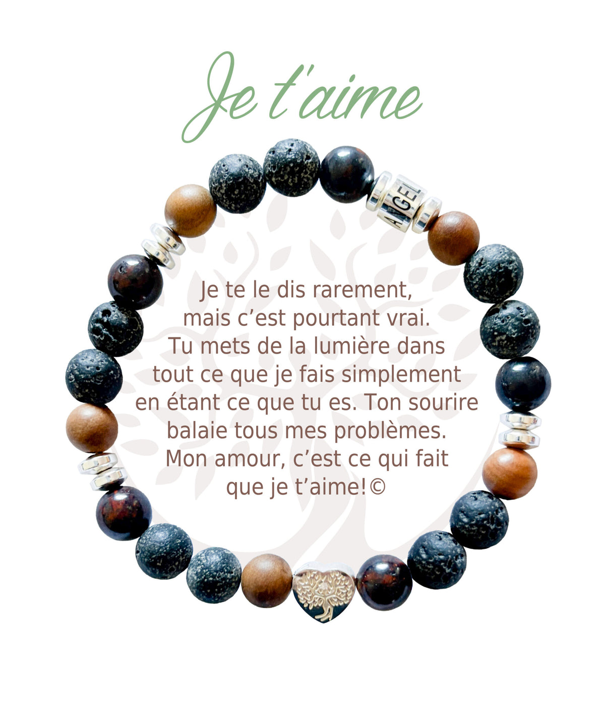 Bracelet en pierres naturelles Je t’aime, brun et argenté, avec breloque cœur et carte à message en français