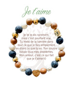 Bracelet en pierres naturelles Je t’aime, brun et doré, avec breloque cœur et carte à message en français