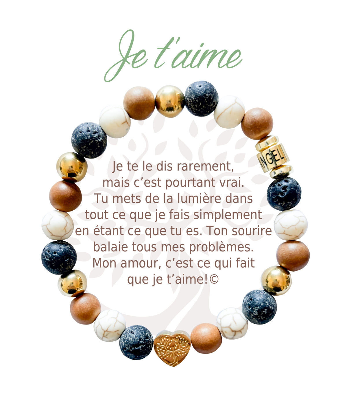 Bracelet en pierres naturelles Je t’aime, brun et doré, avec breloque cœur et carte à message en français