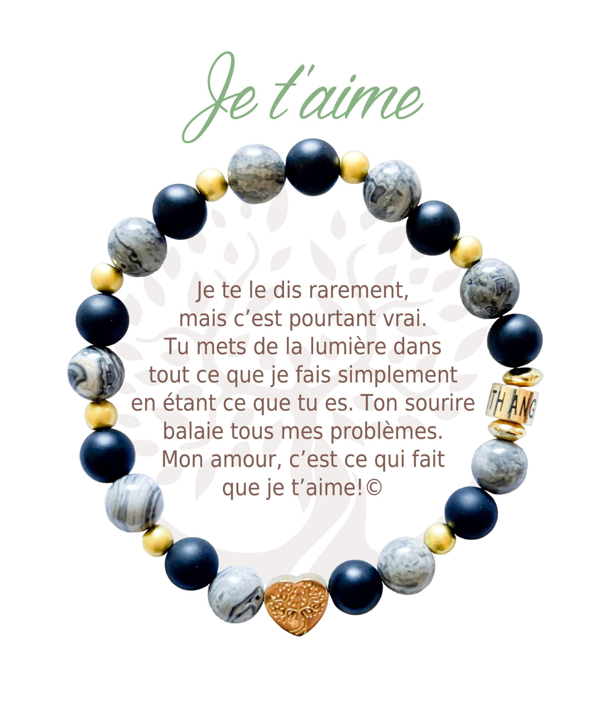 Bracelet en pierres naturelles Je t’aime, gris et doré, avec breloque cœur et carte à message en français