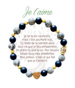 Bracelet en pierres naturelles Je t’aime, gris et doré, avec breloque cœur et carte à message en français