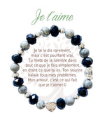 Bracelet en pierres naturelles Je t’aime, noir et argenté, avec breloque cœur et carte à message en français