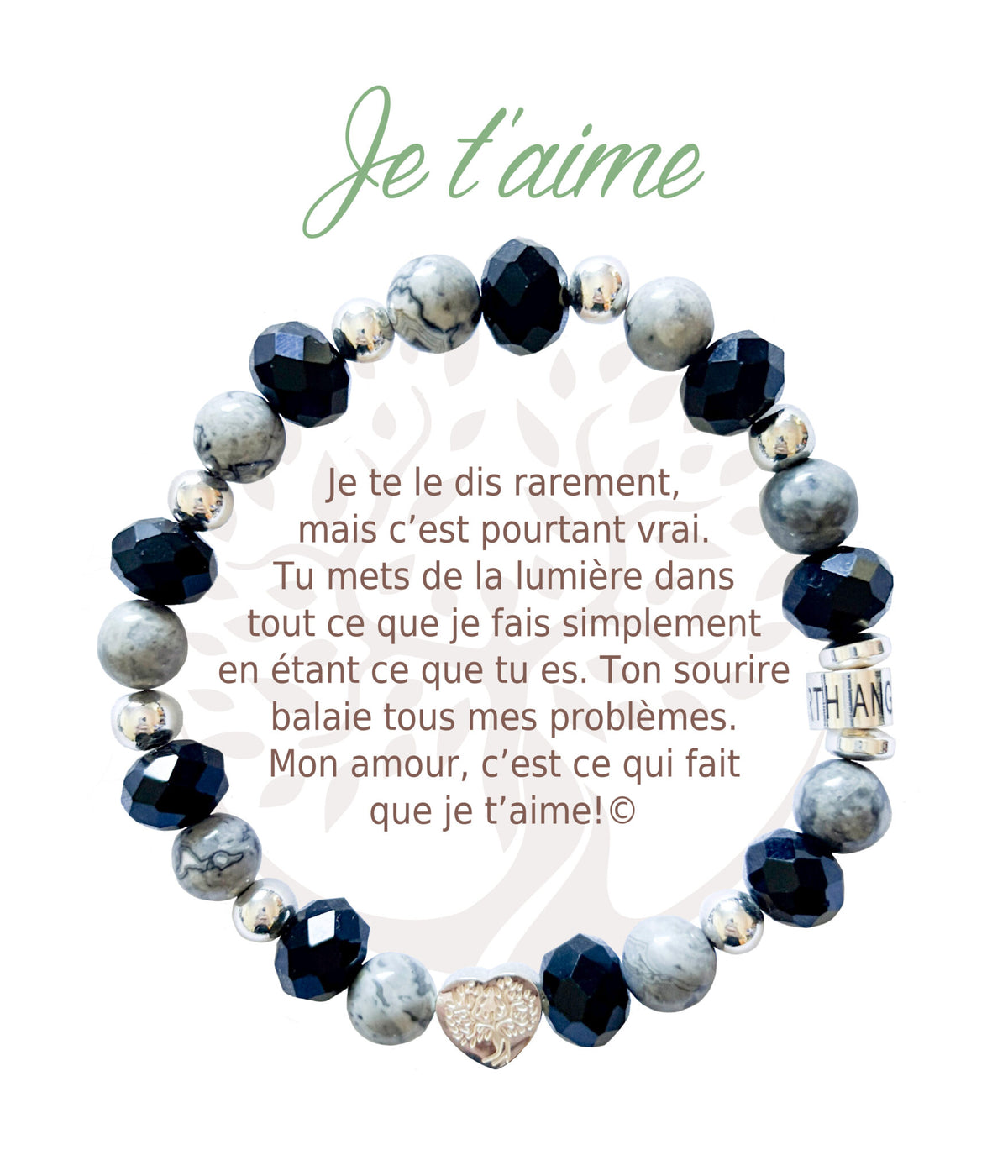 Bracelet en pierres naturelles Je t’aime, noir et argenté, avec breloque cœur et carte à message en français