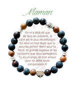 Bracelet en pierres naturelles Maman, brun et argenté, avec breloque cœur et carte à message en français