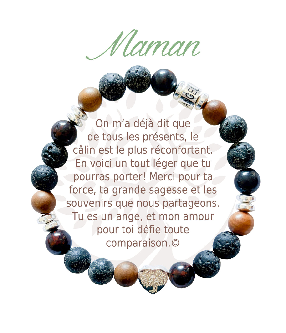 Bracelet en pierres naturelles Maman, brun et argenté, avec breloque cœur et carte à message en français