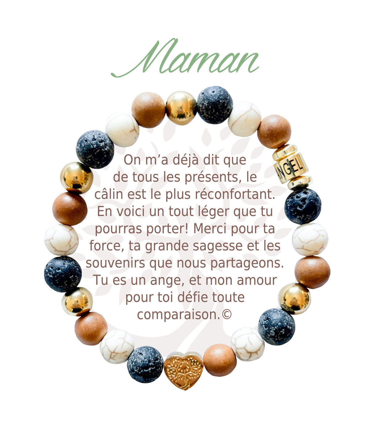 Bracelet en pierres naturelles Maman, brun et doré, avec breloque cœur et carte à message en français