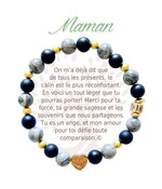 Bracelet en pierres naturelles Maman, gris et doré, avec breloque cœur et carte à message en français