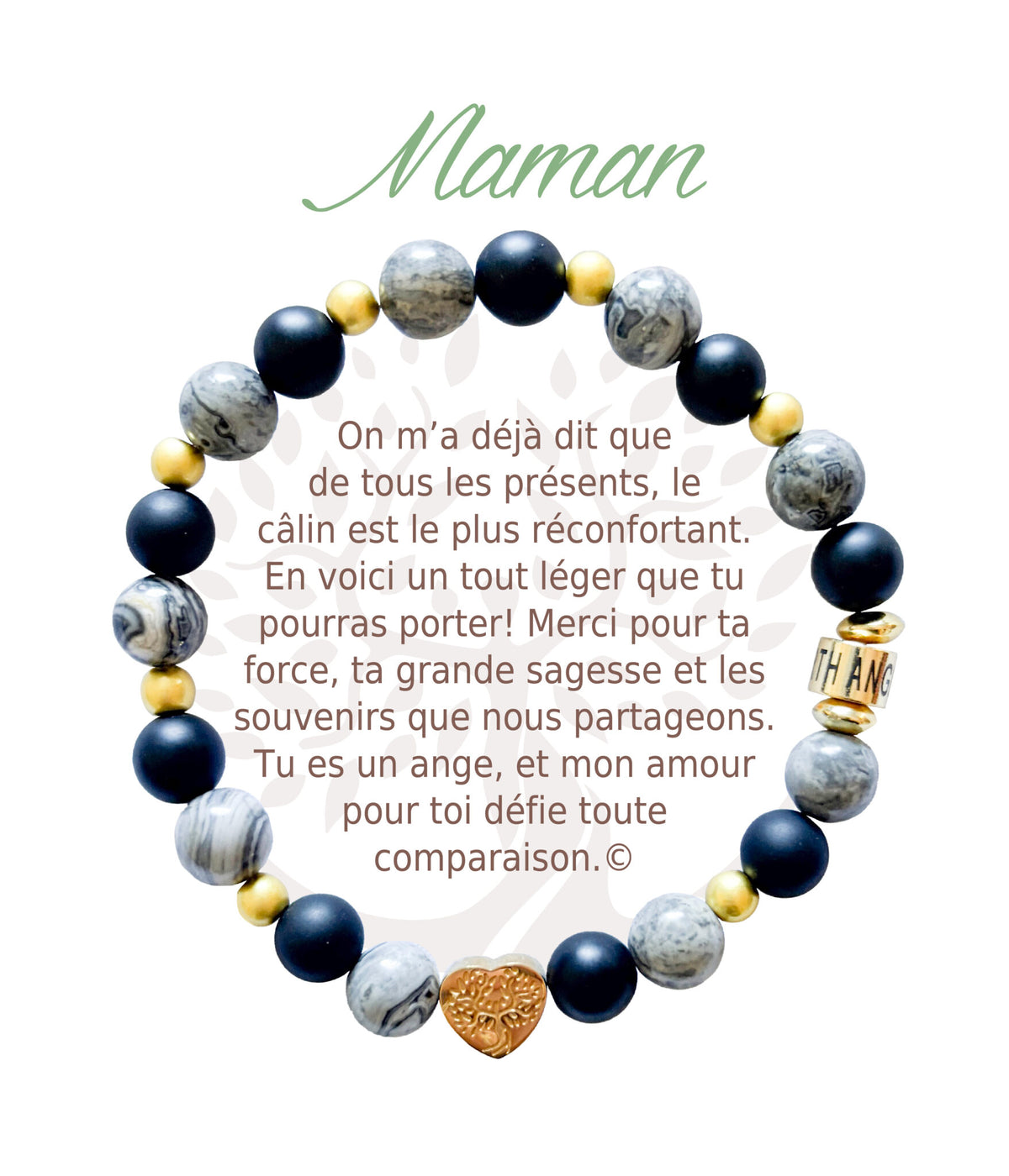 Bracelet en pierres naturelles Maman, gris et doré, avec breloque cœur et carte à message en français
