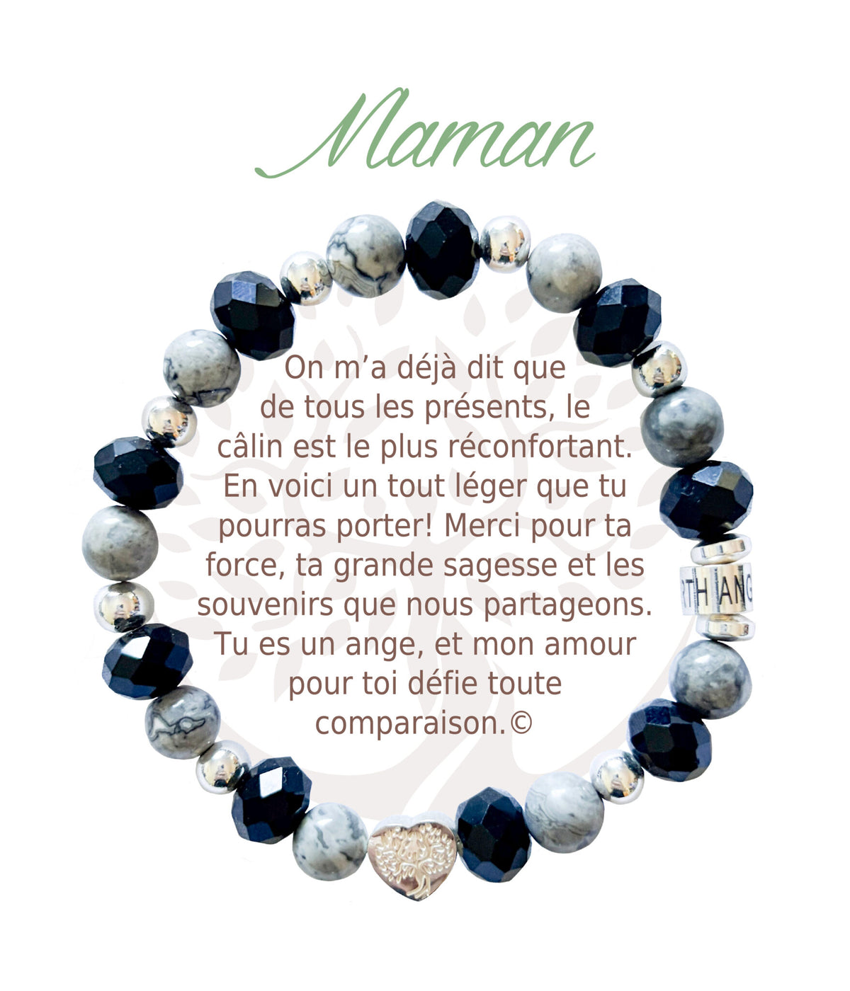 Bracelet en pierres naturelles Maman, noir et argenté, avec breloque cœur et carte à message en français