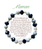 Bracelet en pierres naturelles Maman, noir et argenté, avec breloque cœur et carte à message en français