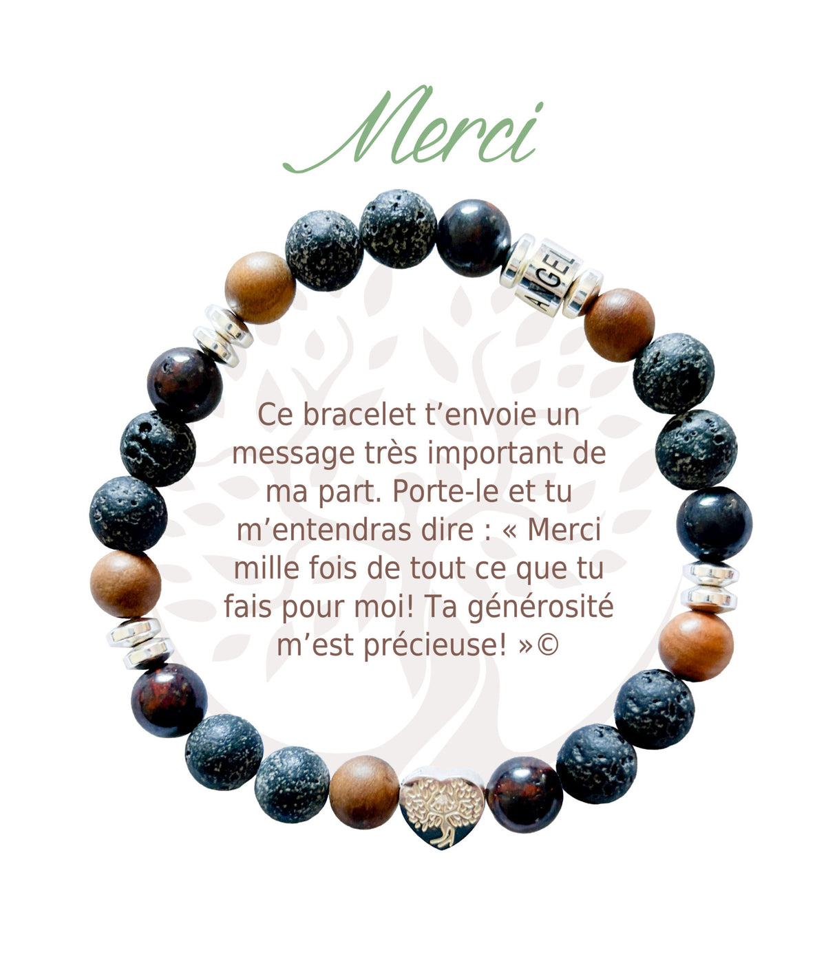 Bracelet en pierres naturelles Merci, brun et argenté, avec breloque cœur et carte à message en français