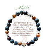 Bracelet en pierres naturelles Merci, brun et argenté, avec breloque cœur et carte à message en français