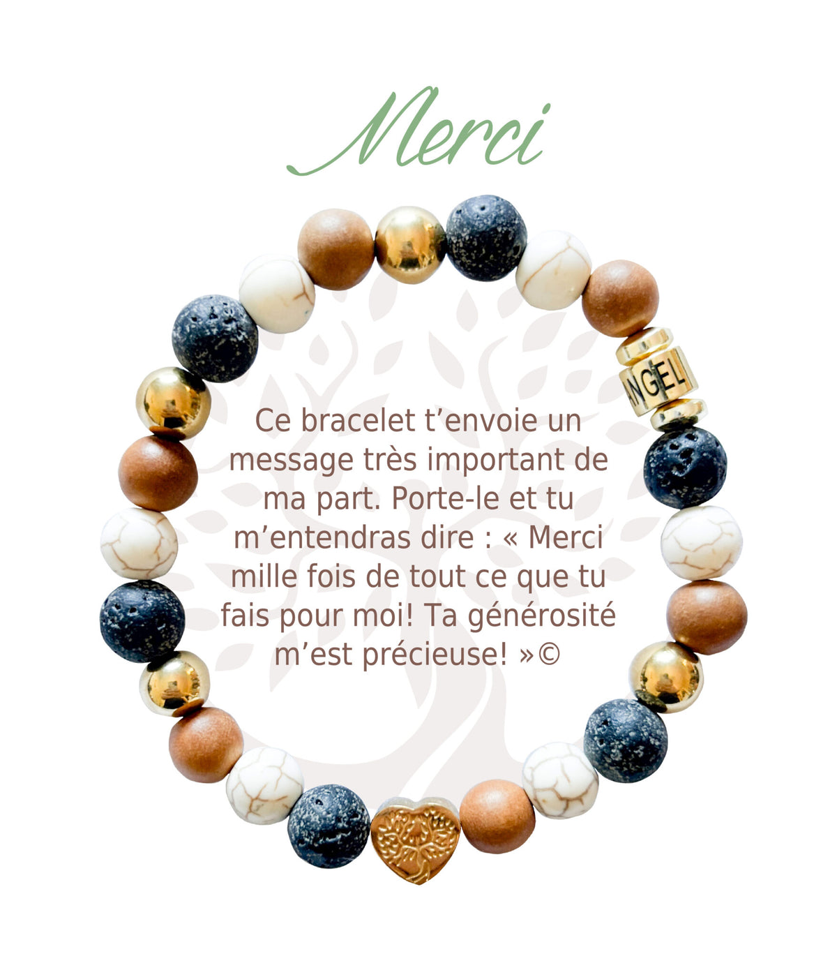 Bracelet en pierres naturelles Merci, brun et doré, avec breloque cœur et carte à message en français