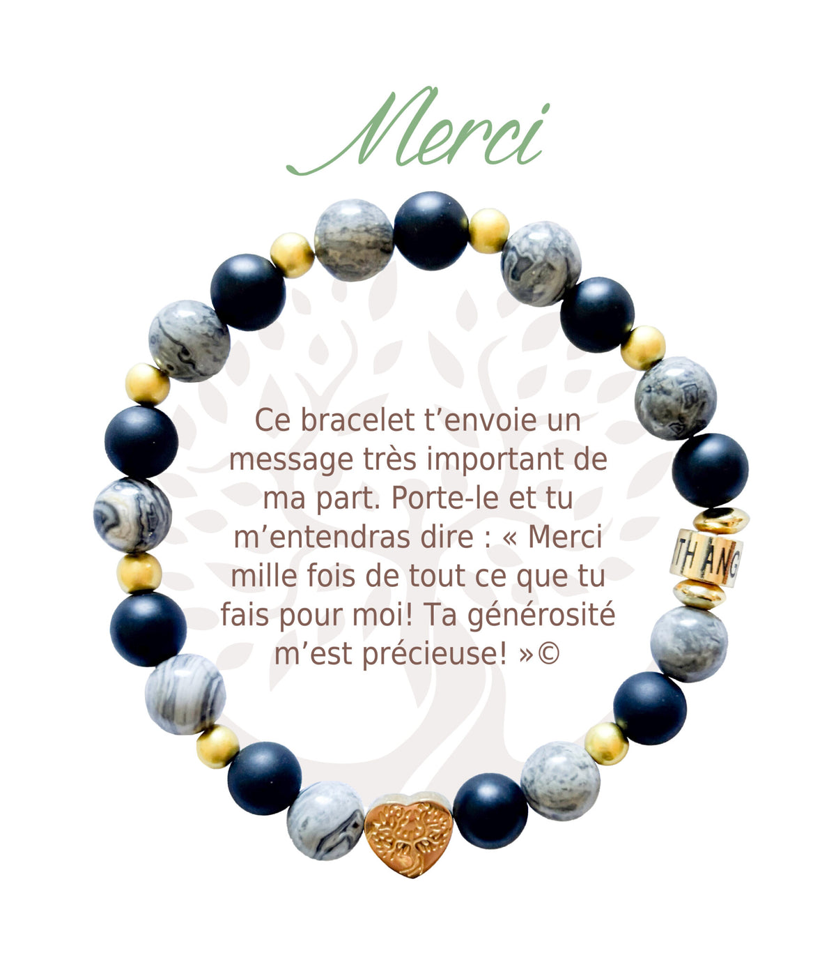 Bracelet en pierres naturelles Merci, gris et doré, avec breloque cœur et carte à message en français