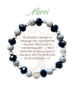 Bracelet en pierres naturelles Merci, noir et argenté, avec breloque cœur et carte à message en français